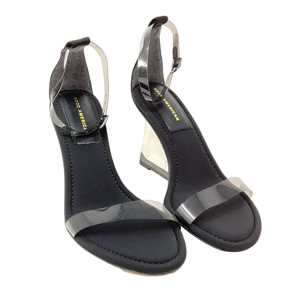 Good‎ American Clear Wedge Slingback Sandals Size 12 Neoprene Black GA283P